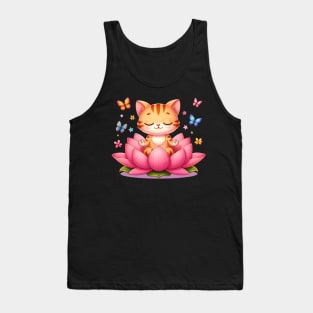 Zen Cat Meditating on Lotus Flower with Butterflies Tank Top